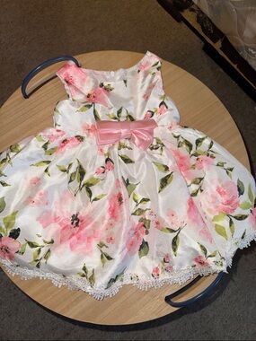 Rare Editions White Pink Floral Satin Dress with Bow